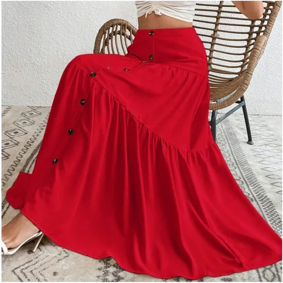 Solid High Waist Button Detail Ruffle Hem Maxi Skirt - Picture 11 of 16